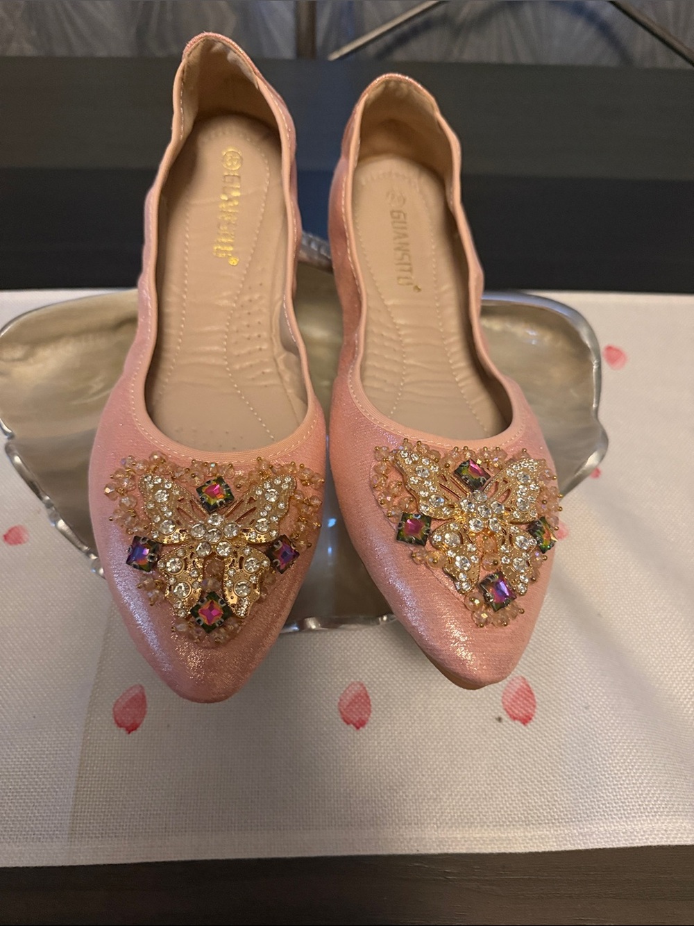 Embellished Pink Pointed Ballet Flats - Women's